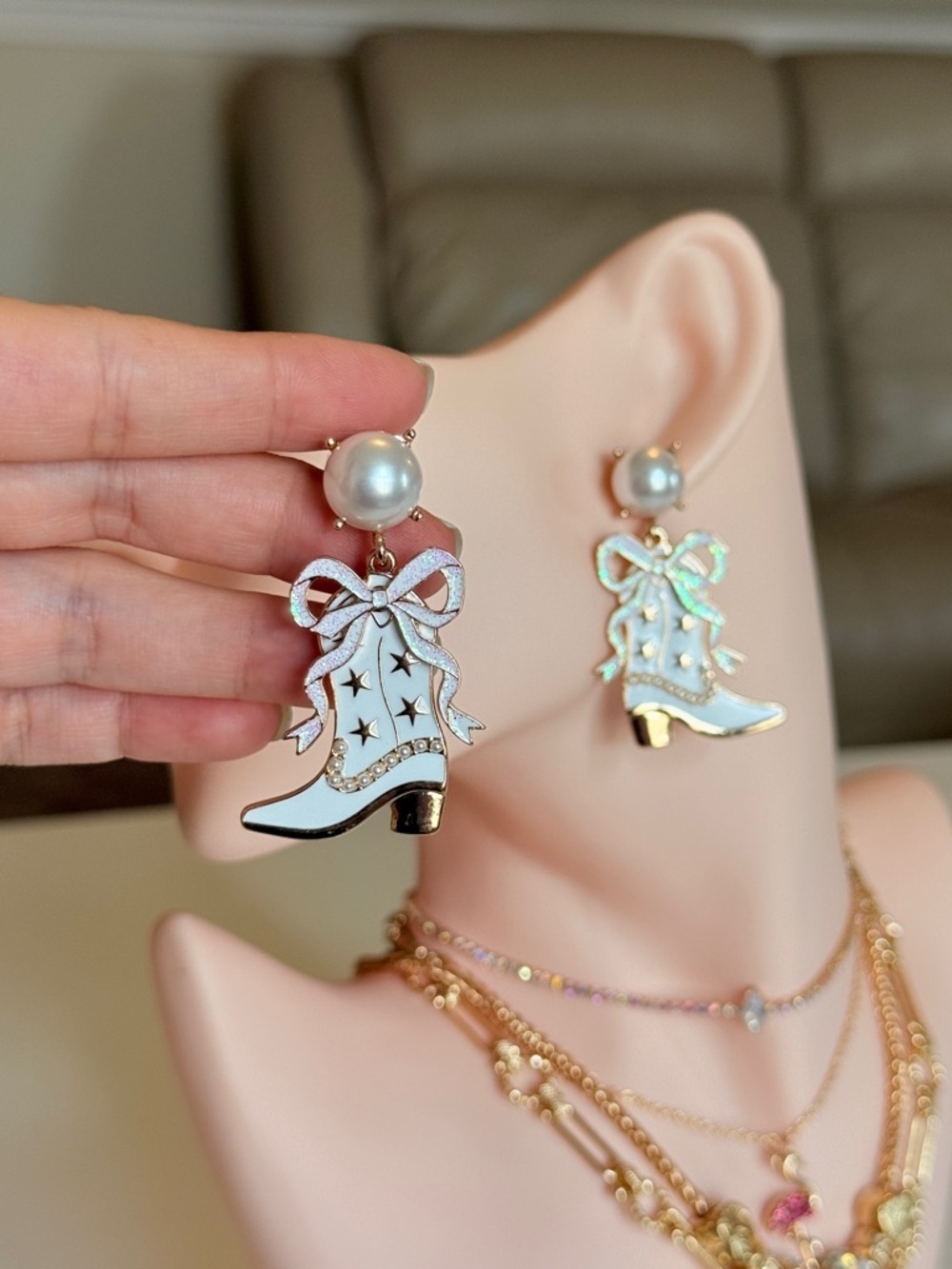 Pearl Top Blue Cowboy Boot Drop Earrings - Women Jewelry - Picture 4 of 13